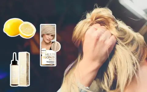 Kobieta z pięknymi, blond włosami, obok cytryny i produktów do ich rozjaśniania.