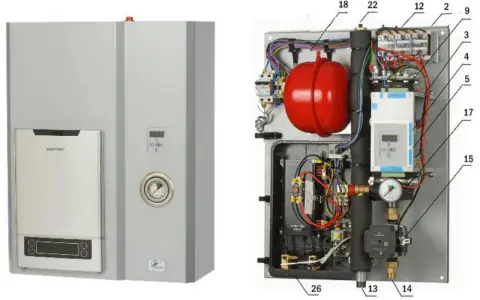 Montaż pieca elektrycznego. Wnętrze urządzenia z czerwonym zbiornikiem i licznymi przewodami, widoczne elementy sterujące i manometr.