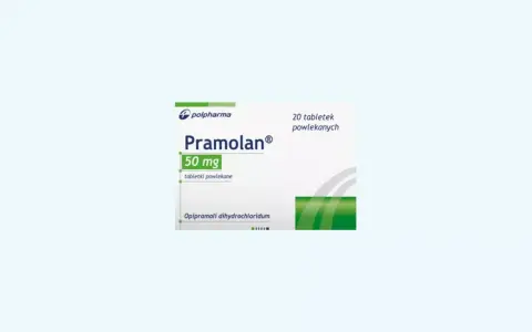 Opakowanie leku Pramolan 50 mg, 20 tabletek powlekanych. Stosowany na depresję i lęk.
