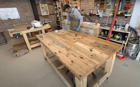 Uomo con grembiule lavora su un banco da lavoro con pallet, applicando finitura al legno. L'officina è piena di attrezzi e materiali.