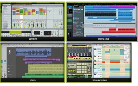 Ableton Live, Cubase, Logic Pro, Reason - cztery programy do produkcji muzyki. Widzimy tu ścieżki audio, MIDI i wirtualne instrumenty. Midi co to? To format zapisu nut, który steruje instrumentami.