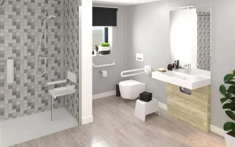 Salle de bain moderne avec douche, lavabo et toilettes adaptées. Des barres d'appui et un siège de douche pliable assurent l'accessibilité.