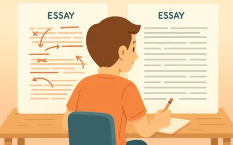 Un estudiante se sienta a una mesa, con un ensayo a la izquierda marcado con correcciones y otro a la derecha listo para escribir.