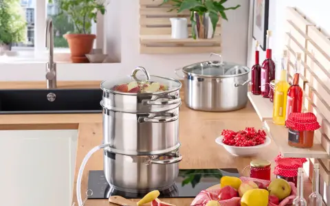 Saft einkochen im Einkochautomat: Obst wird im Dampfgarer zu Saft verarbeitet. Daneben stehen Gläser mit roter Johannisbeermarmelade und Flaschen mit Sirup.