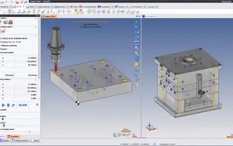 Simulazione CAD/CAM di una fresatura su una piastra di supporto. Il software mostra il processo di foratura, evidenziando il significato del cad cam nella produzione.