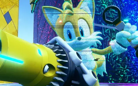Tails z Sonic Frontiers naprawia coś przy użyciu klucza.