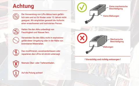 Warnhinweise zu LiPo-Akkus: keine mechanische Beschädigung, keine Blähungen, vor Feuchtigkeit schützen. Vorsicht bei kokam!