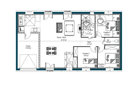Plan d'un modèle de maison moderne avec garage, séjour spacieux, 3 chambres, salle d'eau et WC.