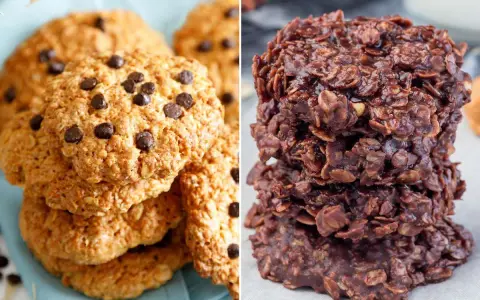 Dos tipos de galletas de avena y chocolate: unas doradas con chispas de chocolate y otras oscuras y húmedas.