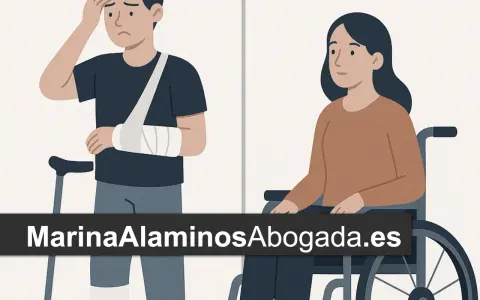 Hombre con brazo en cabestrillo y muleta, y mujer en silla de ruedas.