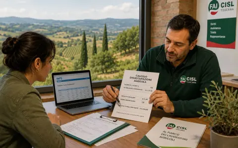 Uomo e donna analizzano calcolo disoccupazione agricola. Offerte lavoro stagione invernale per lavoratori agricoli.