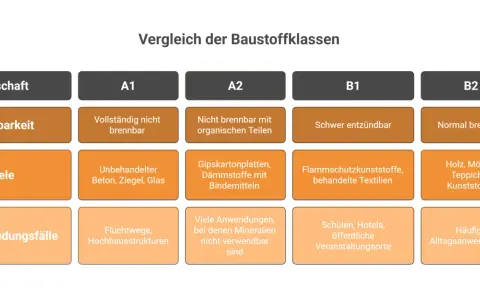 Vergleich der Baustoffklassen: B2 ist normal brennbar, Beispiele sind Holz, Möbel, Teppiche, Kunststoffe für häufige Alltagsanwendungen.