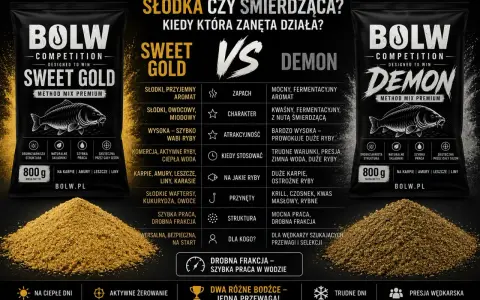 Spodnie wędkarskie ogrodniczki z zanętą BOLW Sweet Gold i Demon. Idealne dla wędkarzy szukających przewagi.