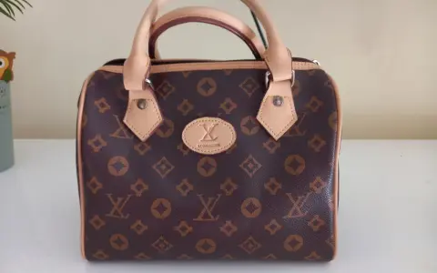 Brązowa louis vuitton torebka kuferek z monogramem. Elegancka, z jasnymi rączkami i detalami.