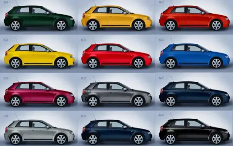Doce coches Audi S3 en diferentes colores, incluyendo un elegante color gris coche.