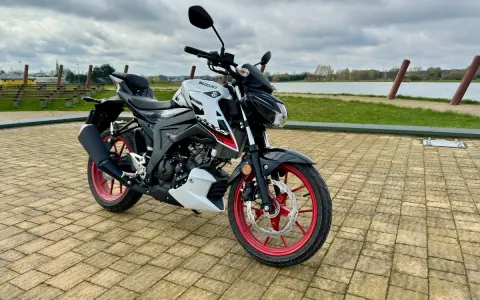 Biało-czarny Suzuki GSX S125 z czerwonymi felgami stoi na wybrukowanym placu nad jeziorem.