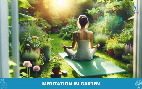Frau in weißer Kleidung praktiziert Meditation im Garten. Die Erdung durch die Natur unterstützt die innere Ruhe.