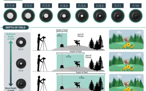 Illustration expliquant la profondeur de champ et l'ouverture d'un objectif photo. La photo optique montre comment l'ouverture affecte la mise au point.
