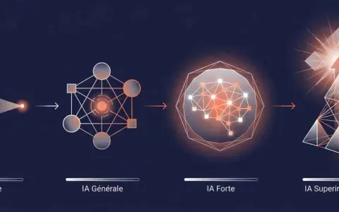 Evolución de la inteligencia artificial: IA débil, general, fuerte y superinteligente, representada por diagramas abstractos y un crecimiento exponencial.