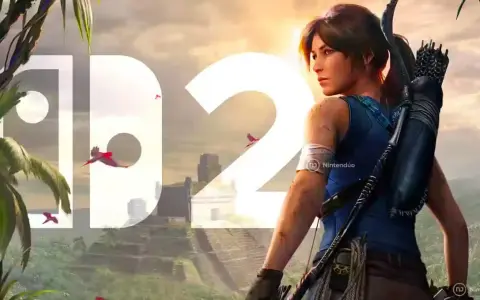 Lara Croft lista para la aventura en el **Tomb Raider Switch**. Ruinas antiguas y pájaros rojos en un paisaje selvático.
