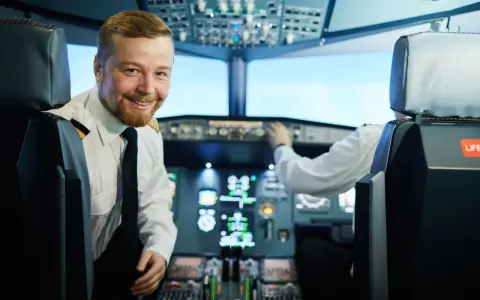 Uśmiechnięty pilot w kabinie samolotu, obok drugiego pilota przy panelu sterowania.