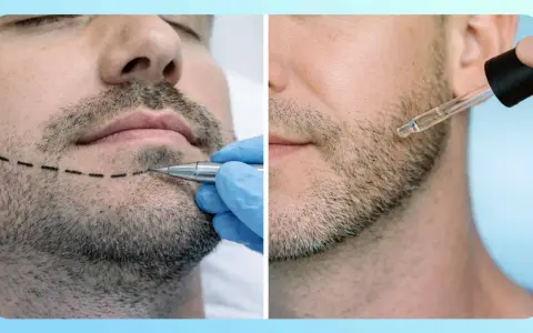 Doble imagen: un hombre con línea marcada en la barba y un aplicador, y otro hombre recibiendo gotas de minoxidil.