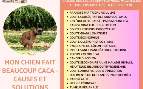 Un boxer brun fait caca dehors, sur l'herbe et les feuilles mortes. Mon chien fait beaucoup caca, voici les causes et solutions.