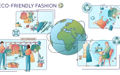 Illustrazione che mostra l'economia circolare nella moda: abiti di seconda mano, riciclo e sartoria.