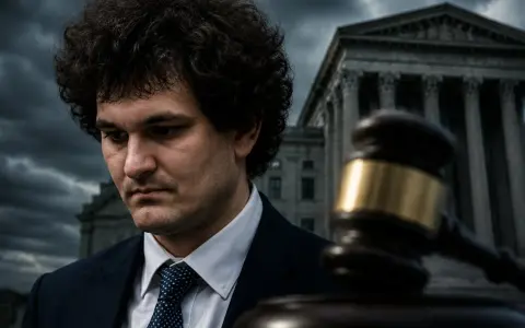 Sam Bankman-Fried w garniturze, zamyślony, na tle sądu i młotka sędziowskiego.
