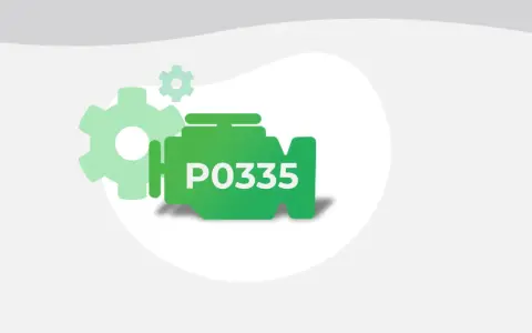 Green engine icon with "P0335" text, symbolizing a diagnostic trouble code. Gears suggest mechanical issues.