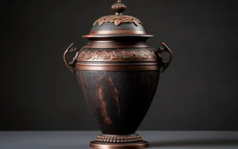 Elegancka urna z brązu, ozdobiona ornamentami, przeznaczona na prochy po kremacji.