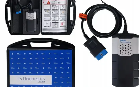 Zestaw Delphi DS Diagnostics: interfejs diagnostyczny, kabel, instrukcja i tablet.