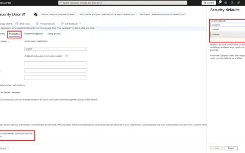 Paramètres de sécurité désactivés dans le centre d'administration Microsoft Entra. L'organisation n'est pas protégée par les paramètres de sécurité par défaut, qui incluent l'authentification multifacteur (MFA) pour Windows.