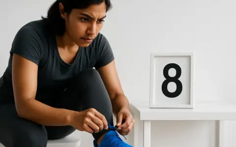 Donna si allaccia le scarpe da corsa, pronta per il suo programma corsa per dimagrire. Il numero 8 in un quadro suggerisce il giorno 8 del suo percorso.