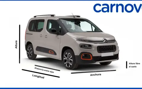 Vista frontal de un Citroën Berlingo con indicaciones de sus **citroen berlingo medidas**: longitud, distancia entre ejes, altura y altura libre al suelo.