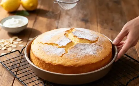 Un délicieux gâteau sans beurre, saupoudré de sucre glace, sort du four. Des citrons et de la crème sont à proximité.