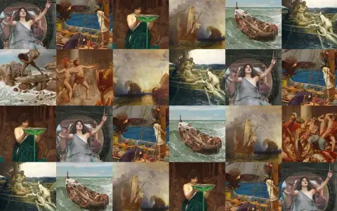 Collage d'œuvres d'art néoclassiques, dont des scènes maritimes, des figures mythologiques et des représentations de Galatée, évoquant le triomphe de Galatée.