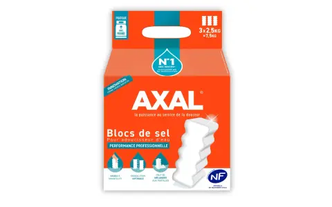Emballage de blocs de sel pour adoucisseur d'eau AXAL. Le produit est pratique, avec une poignée, et sa forme unique est brevetée. Il est recommandé par les professionnels. Les inconvénients des adoucisseurs d'eau au sel sont compensés par la performan...