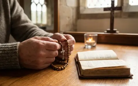 Dłonie trzymające różaniec, obok otwarta księga i płonąca świeca. Czy tajemnice szczęścia trzeba odmawiać na klęcząco?