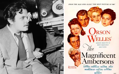 Orson Welles bakom kameran, bredvid en affisch för hans film "The Magnificent Ambersons".