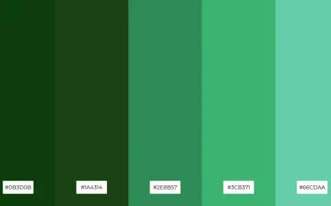 Cinco franjas verticales muestran una gama de tonos de verde, desde el verde bosque oscuro hasta un verde azulado claro, evocando la naturaleza.