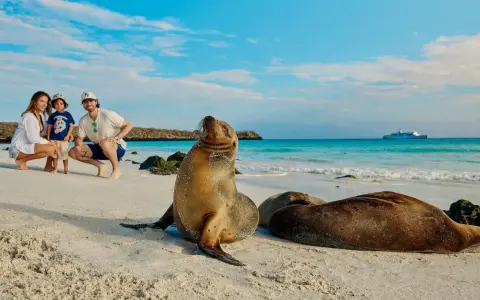Rodzina na plaży na Galapagos, obok lwów morskich. W tle statek wycieczkowy.