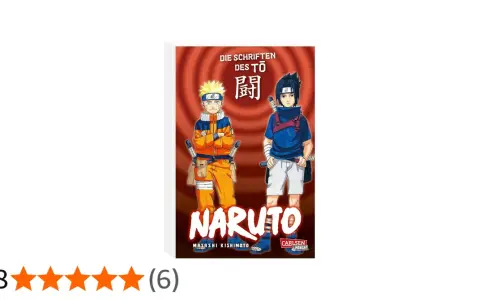 Naruto und Sasuke stehen vor einem roten Hintergrund. Naruto trägt seine orangefarbene Kleidung, Sasuke seine blaue.