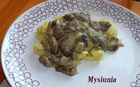 Sos z maślaków z koperkiem na purée ziemniaczanym na białym talerzu z wzorem kółek.