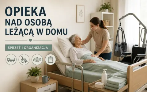 Młoda kobieta opiekuje się starszą osobą leżącą w łóżku. W tle widać sprzęt rehabilitacyjny.