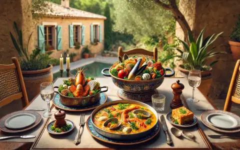 Un festin de spécialités provençales : homard, fruits de mer et bouillabaisse sur une table dressée en terrasse, avec une piscine et une villa en arrière-plan.