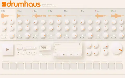 Interface de machine rythmique avec des pistes de batterie, des potentiomètres et un séquenceur pour créer un rythme accompagnement batterie.