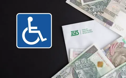 Symbol osoby na wózku inwalidzkim obok koperty ZUS i polskich banknotów. To symbol wsparcia, co to renta.