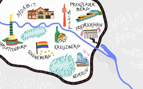 Mapa Berlina z zaznaczonymi dzielnicami i atrakcjami. Szukasz inspiracji, gdzie zjeść w Berlinie? Ta mapa pokazuje popularne miejsca.