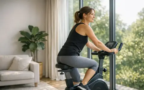 Kobieta ćwiczy na rowerku stacjonarnym, zastanawiając się, ile kalorii spali w 30 minut.